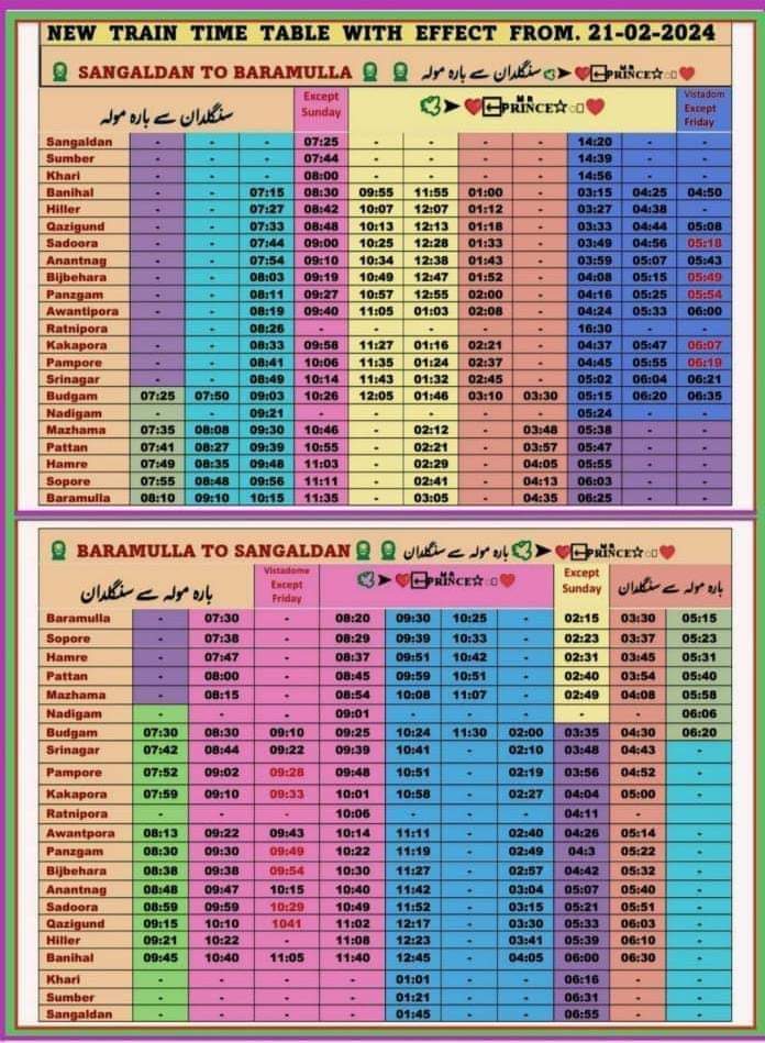 TRAIN TIME TABLE 2024 FROM BARAMULA TO SANGALDAN CHECK FULL TIME TABLE