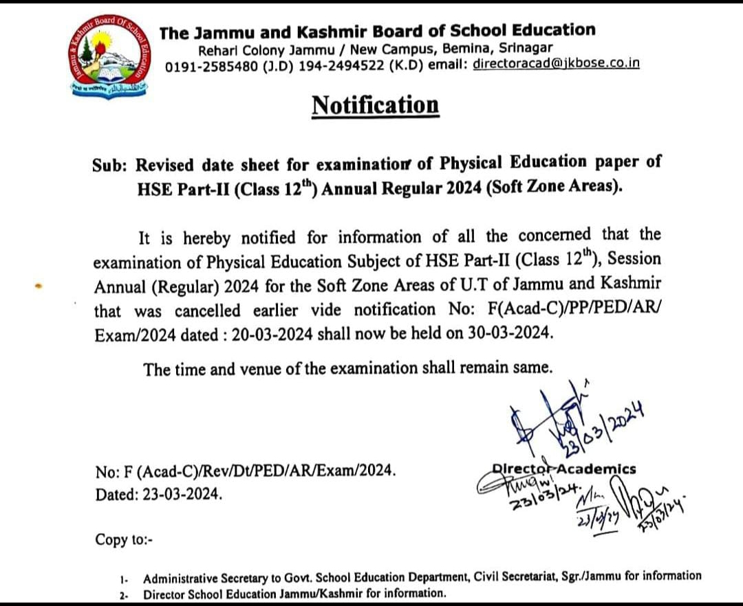 JKBOSE: Revised Date Sheet Of PE Paper Released for Class 12th Annual Regular check here 