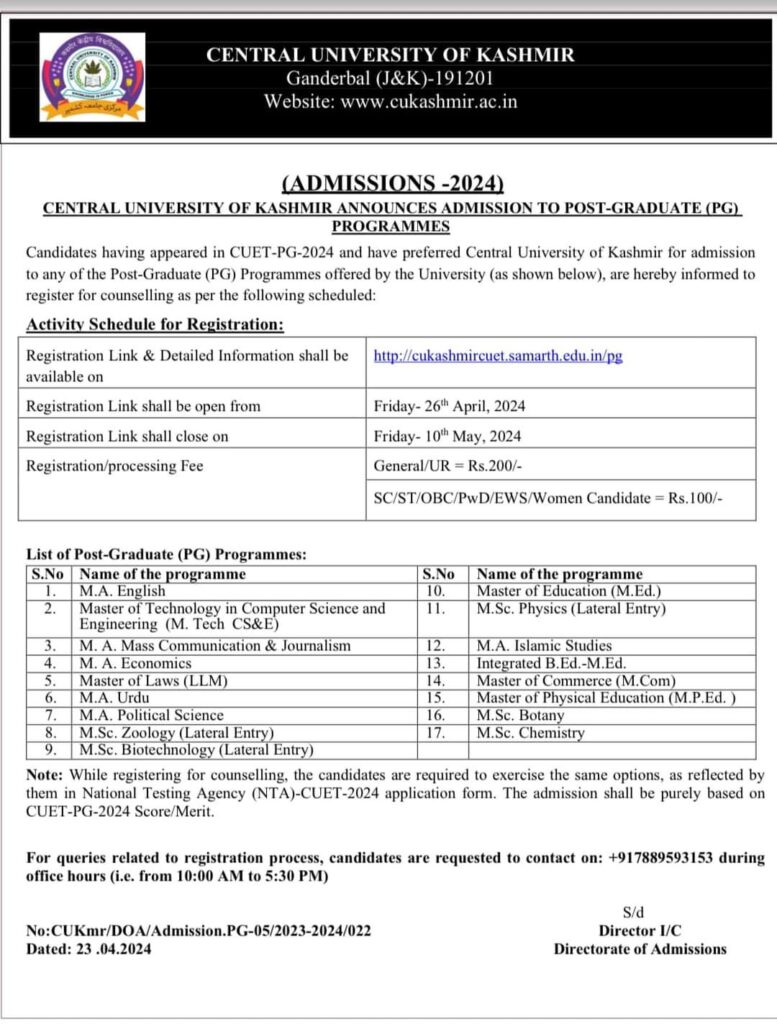 CENTRAL UNIVERSITY OF KASHMIR RELEASED ADMISSION NOTIFICATION FOR PG PROGRAMMES CHECK HERE 