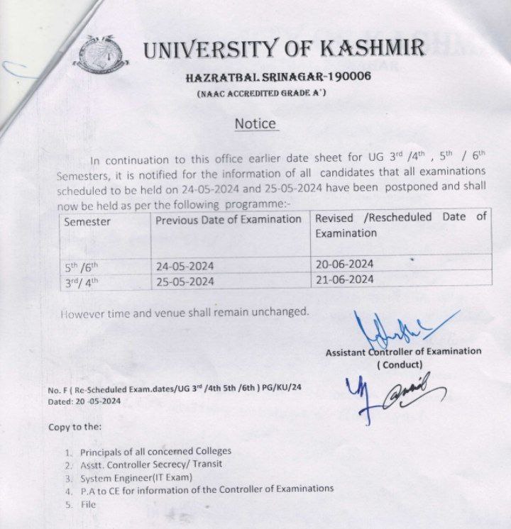 Kashmir University postpones UG 3rd / 4th, 5th / 6th semester exams  scheduled on these dates check here 