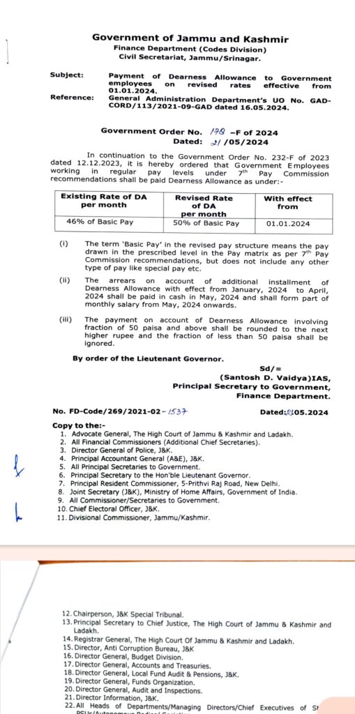 GOVT OF J&K :ALL GOVT EMPLOYEES DA INCREASED TO 50% CHECK OFFICIAL ORDER HERE 