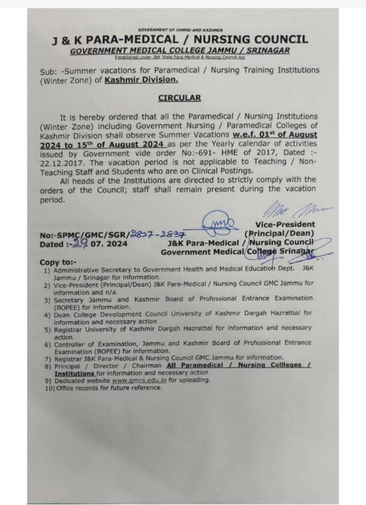 J&K PARAMEDICAL COUNCIL SUMMER VACATION ANNOUNCED FOR NURSING AND PARAMEDICAL COLLEGES