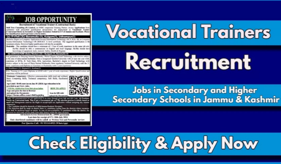 Vocational Trainer Jobs Recruitment 2024 Notification Out for Various Vacancies in J&K in Govt schools check details