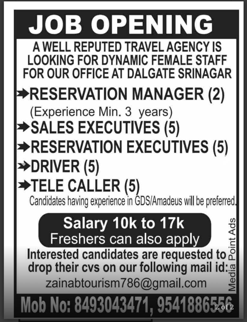 JOBS in srinagar:Driver, Manager & Telecaller Jobs check here 